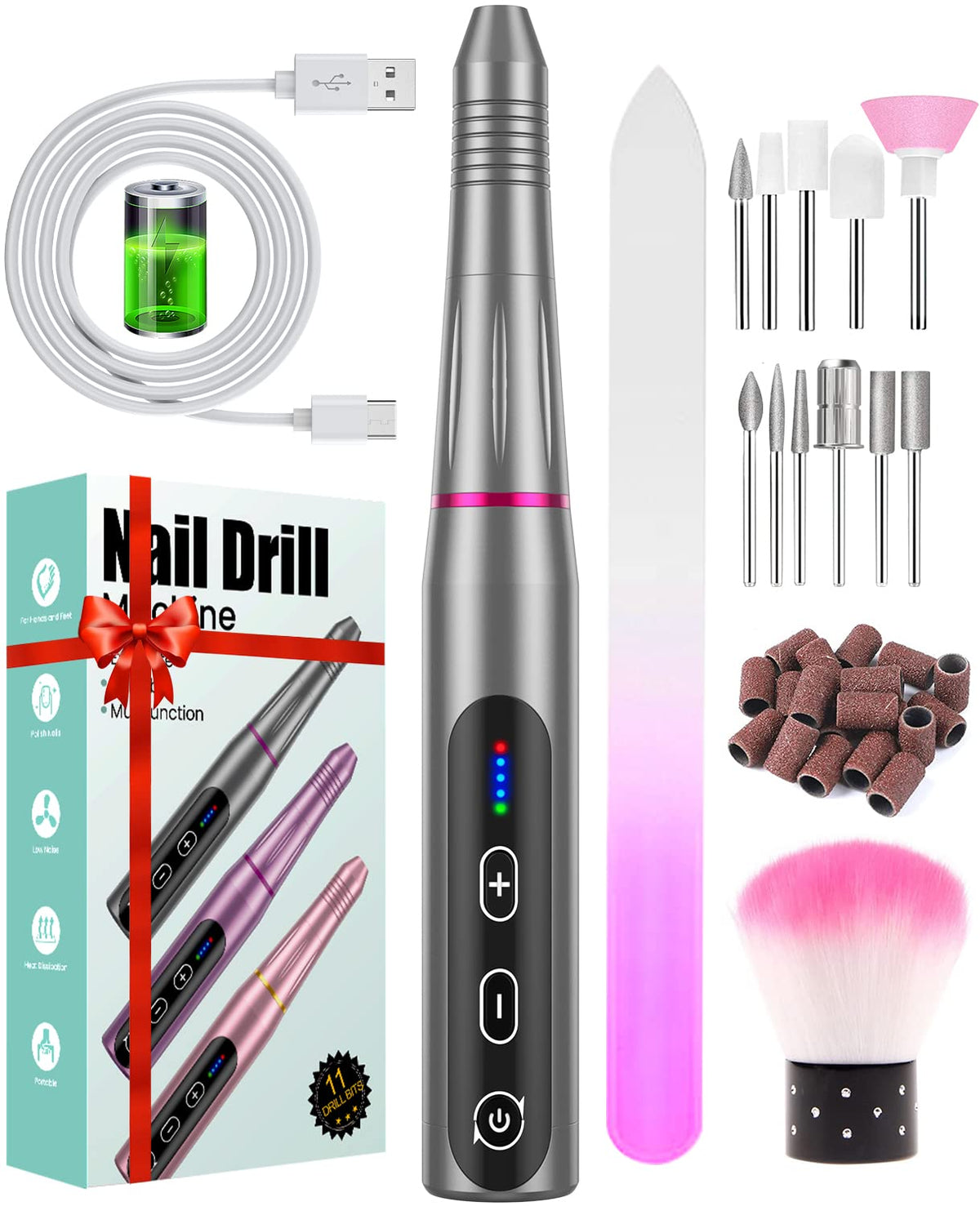 Electric Nail Drill Cordless Rechargeable & 5 Adjustable Speeds Nail Drill Machine Professional Nail Drill for Gel/Acrylic Nails with 20000 RPM Portable Manicure Pedicure Kit Gifts for Women Mum