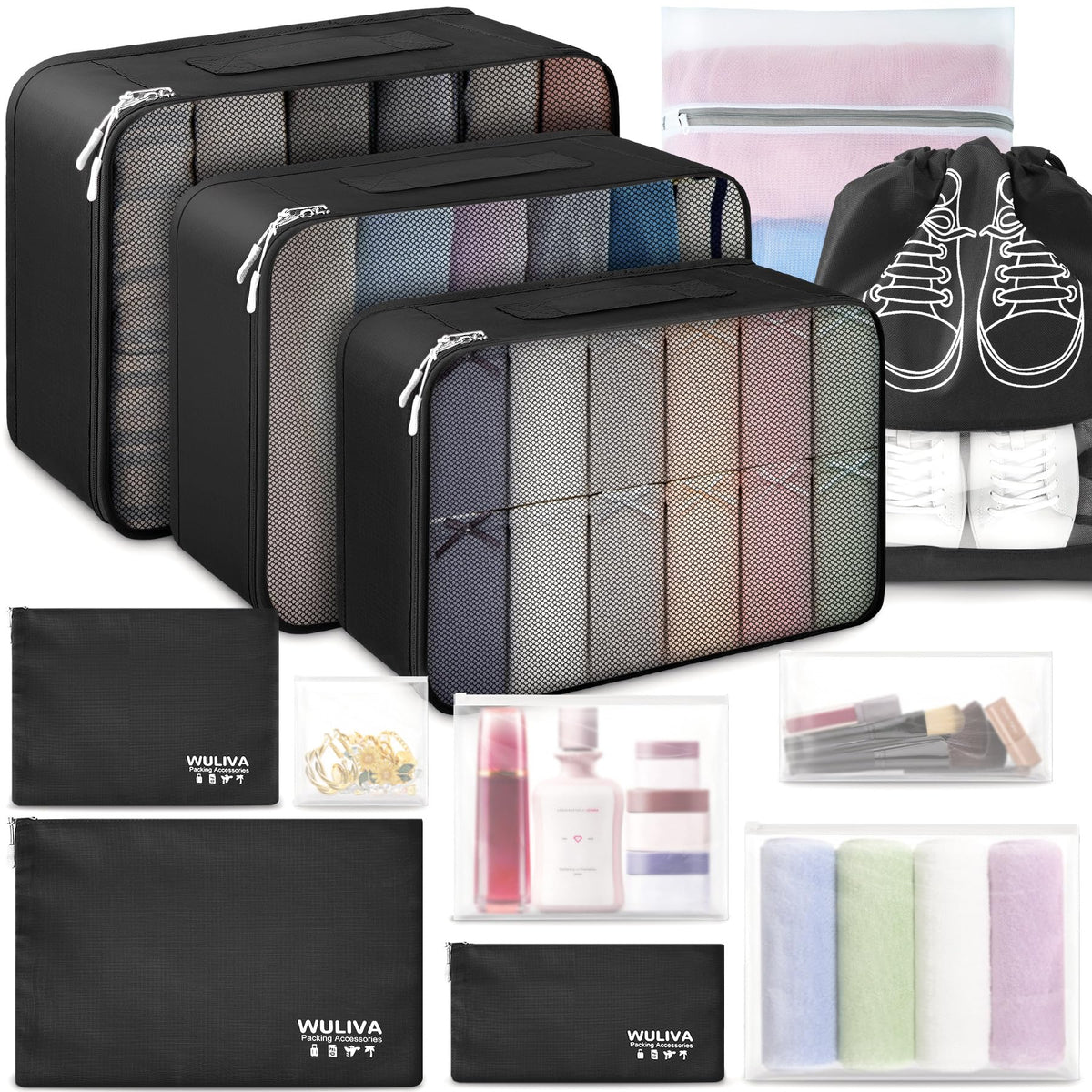 ALL INCLUDED - 12 Set Packing Cubes for Suitcases Carry On Travel Essentials/Accessories Luggage Organizer Bags Set Includes Cubes Shoes Bag Matte Cosmetic Bag Laundry Bag (Black)
