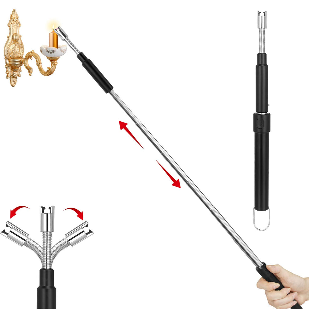 Flahonka Electric Arc Long Lighter Retractable Cool Lighter with A Length of 11.4in-27.55in Rechargeable Long Neck Lighter Extra Long Lighter for Candles Kitchen Fireplaces Fire Pits (Black)